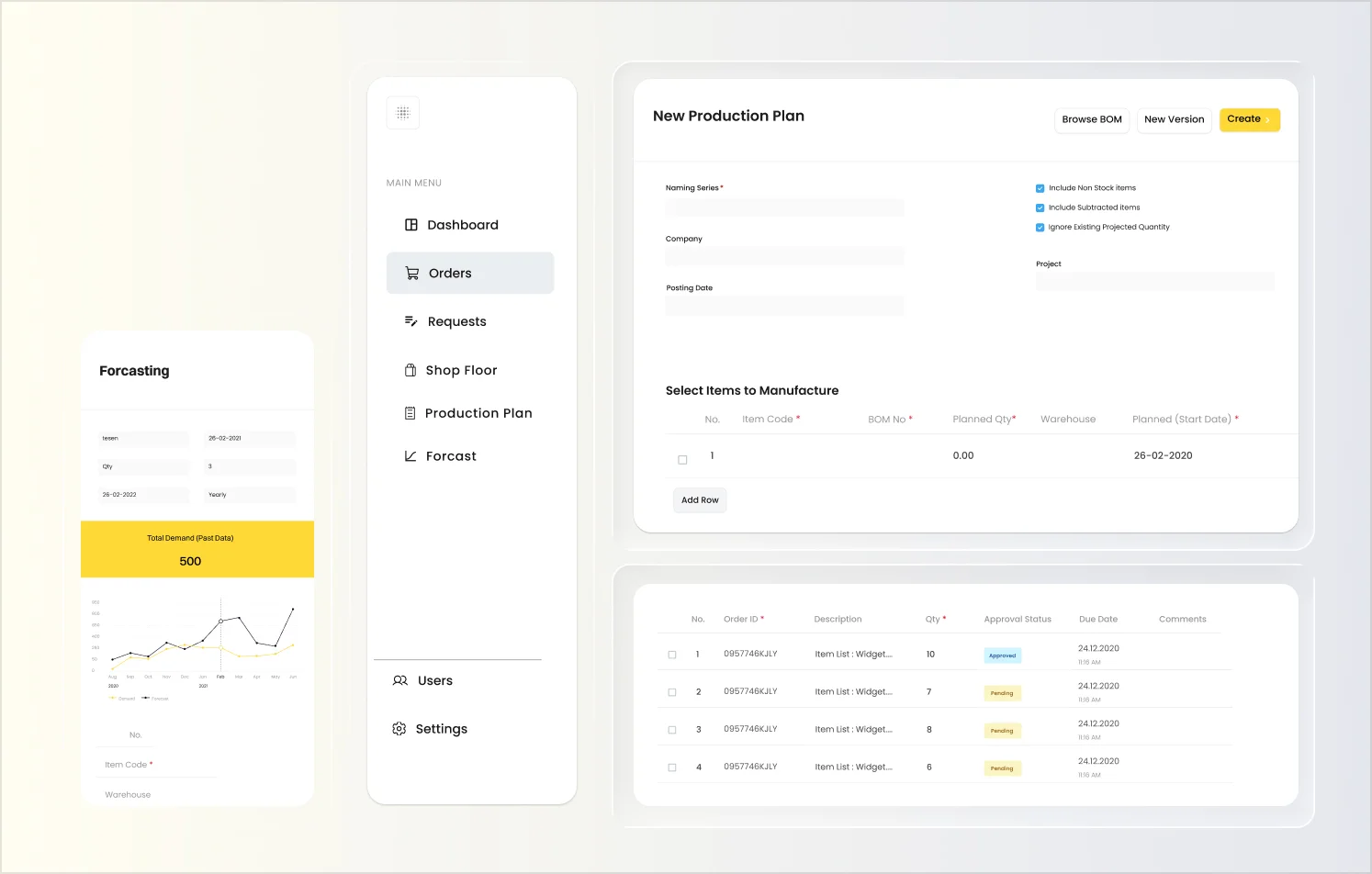 B2B SaaS production planning dashboard UI with forecasting analytics, order management, and manufacturing workflow interface