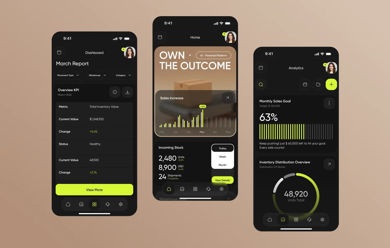 Inventory dashboard mobile UI with analytics, KPIs, and stock management charts