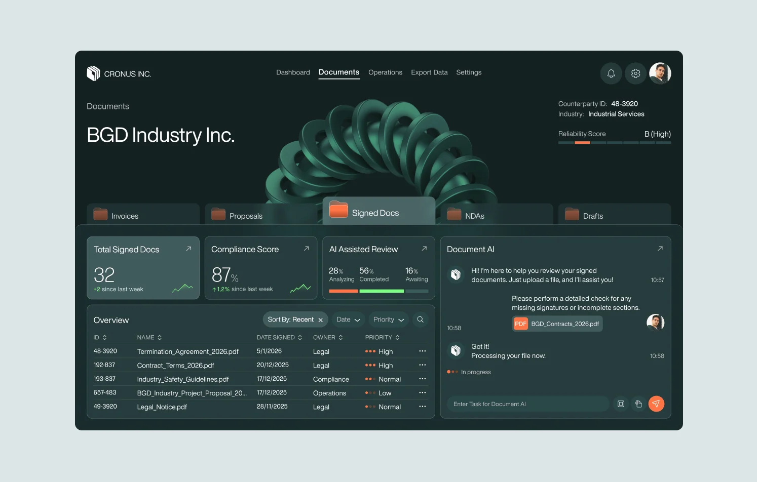 Enterprise document management system design with AI document review, compliance analytics, contract tracking, and workflow dashboard UI