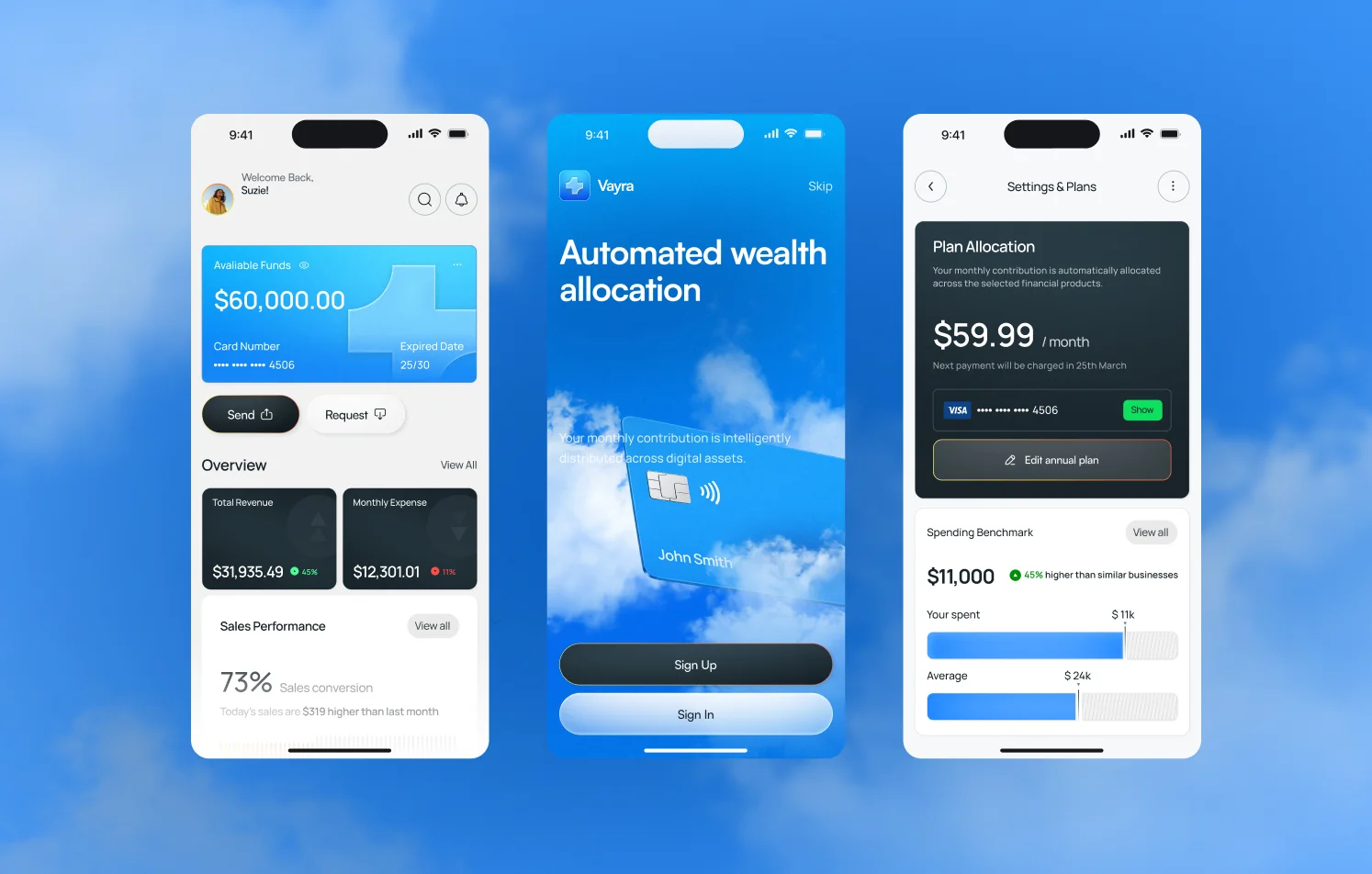 Mobile fintech app design with investment dashboard, automated wealth allocation, financial analytics, subscription plans, and portfolio management UI