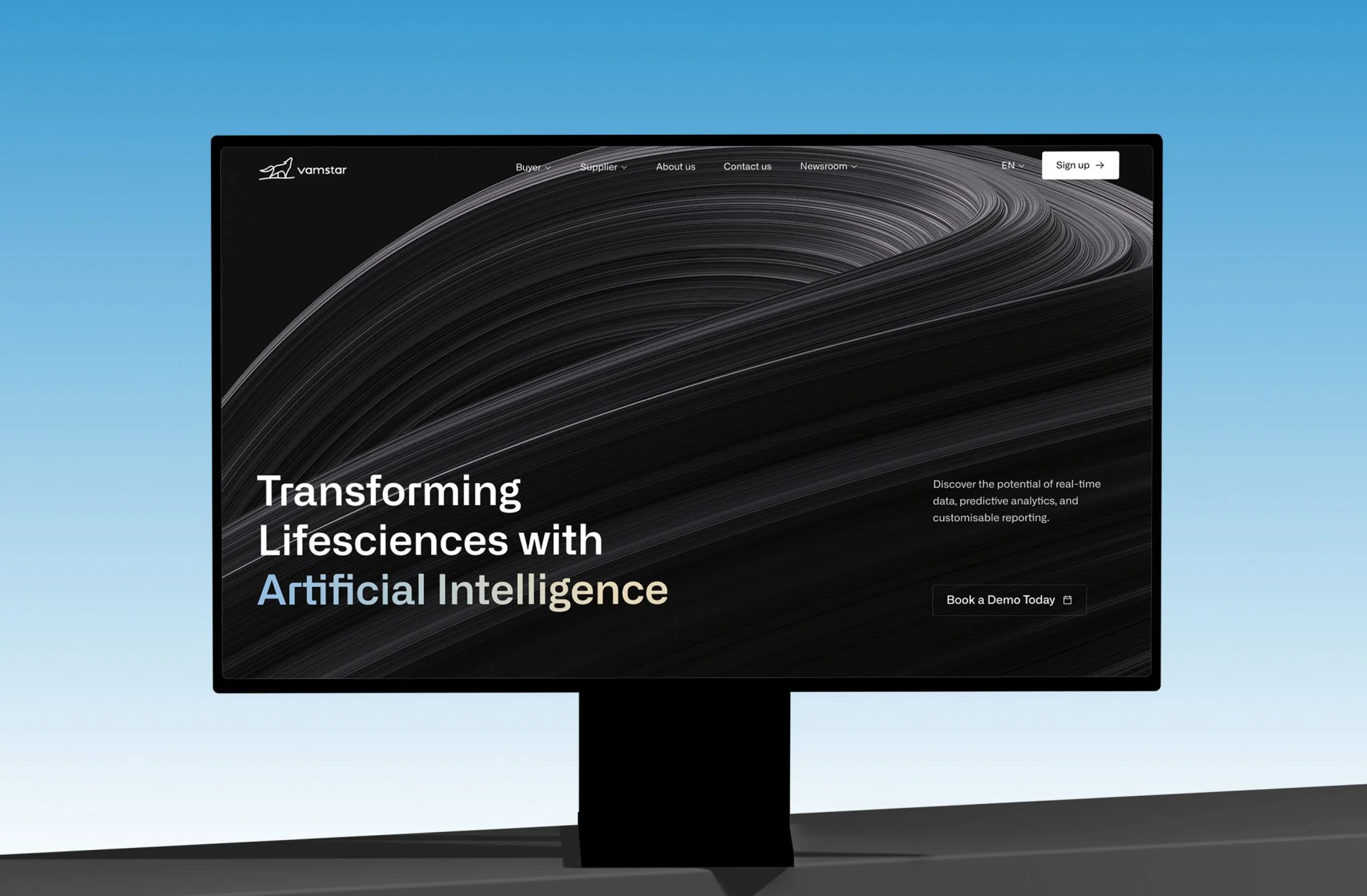 AI Platform Website Hero Section Design Website hero section with AI-focused messaging, abstract motion graphics, and enterprise SaaS interface design on desktop.