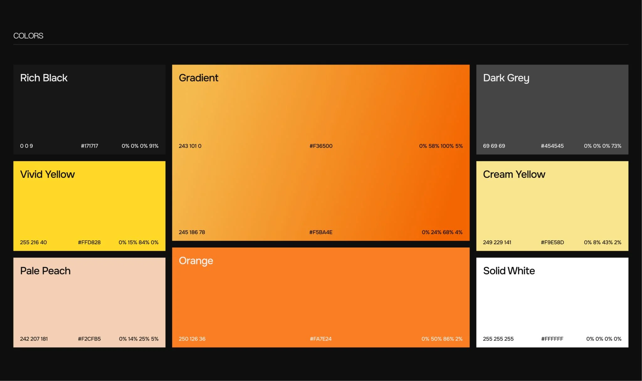 Goldbach Group Brand Color Palette Goldbach Group brand color palette featuring black, orange, yellow, grey, and neutral tones with gradient variations.