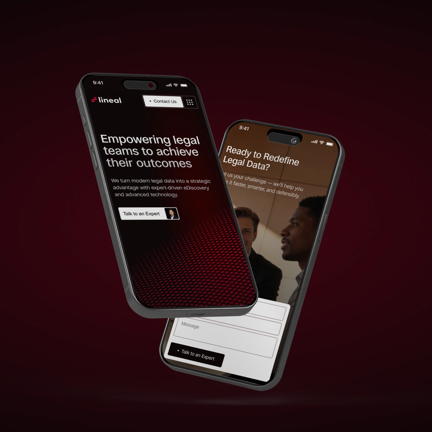 Mobile Website Design Mobile website screens for a LegalTech company, featuring homepage design, contact form, and consultation-focused interface for legal data and eDiscovery services.