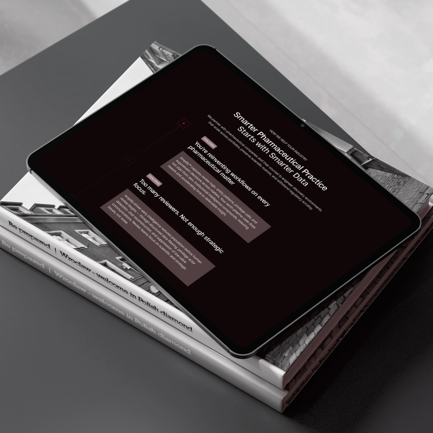 Pharmaceutical LegalTech Website Interface (22) Tablet website interface for a pharmaceutical solution, presenting data-driven legal workflows, review process challenges, and enterprise-focused industry services.