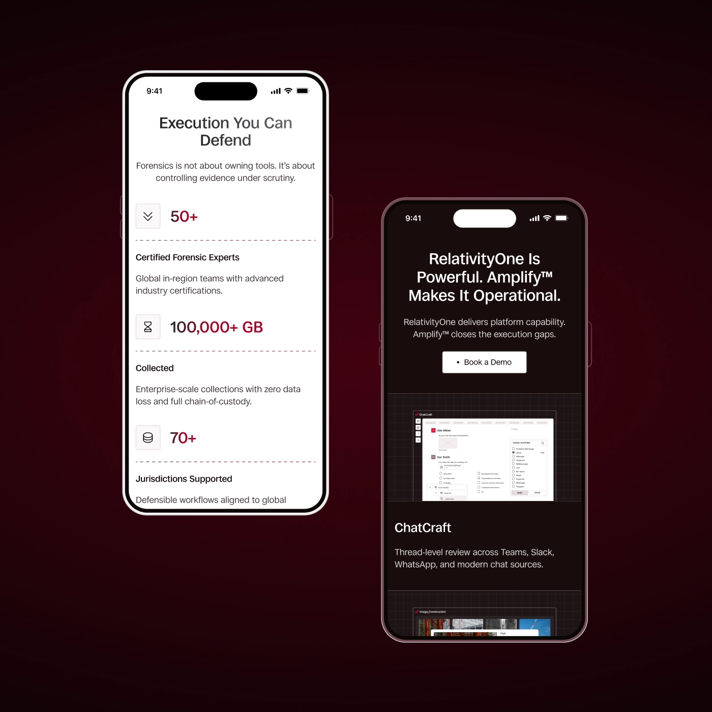 Mobile UI for Legal Data & eDiscovery Services Mobile UI screens, highlighting forensic expertise, enterprise data processing capabilities, and operational tools for legal workflows.