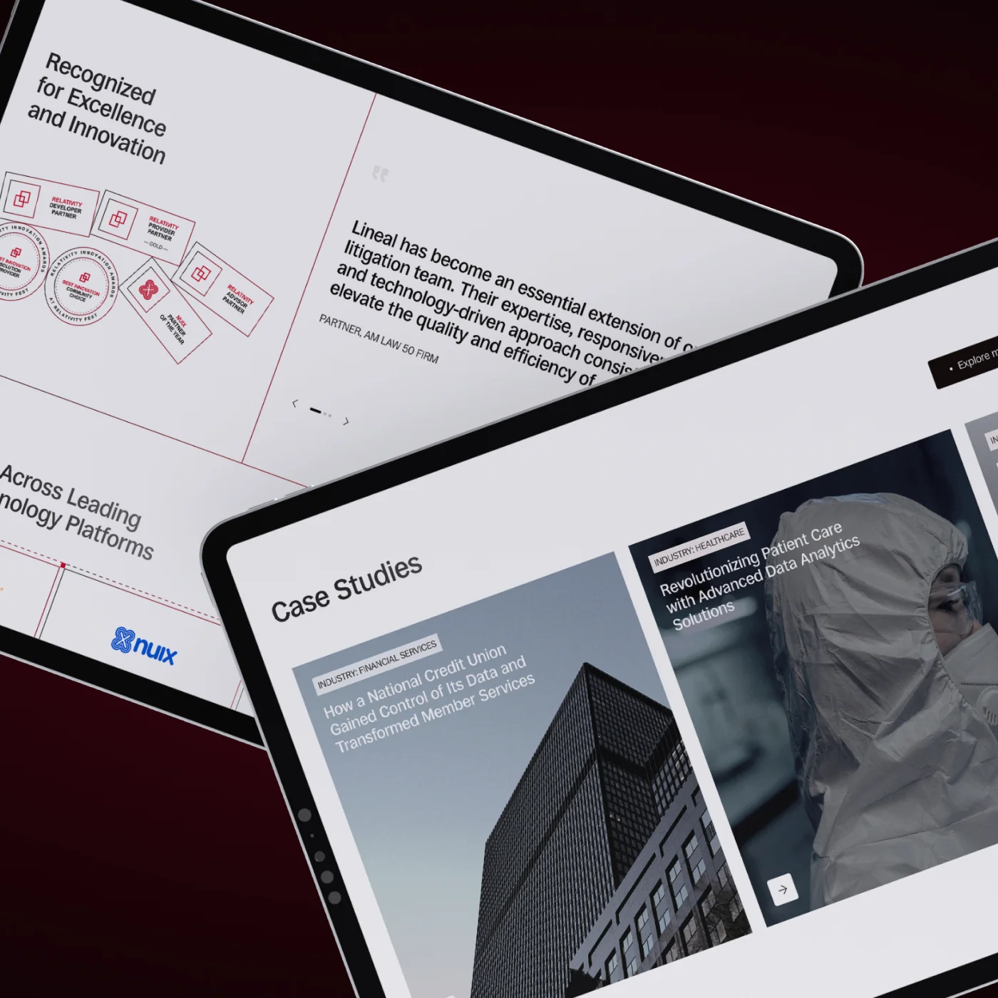 Website Interface for Tablets Tablet interface layouts for a platform, showcasing case studies, industry expertise, technology partnerships, and client recognition sections.