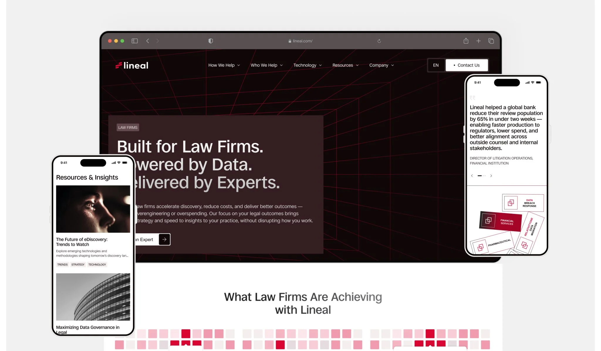 Responsive LegalTech Website Design for Lineal Responsive website design displayed across desktop and mobile devices, featuring law firm solutions, industry insights, testimonials, and data-driven service positioning.