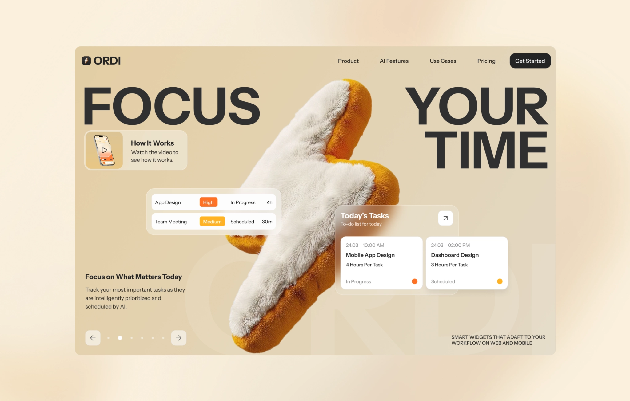 Landing page design for a productivity app with task management interface, scheduling widgets, and focus tracking features