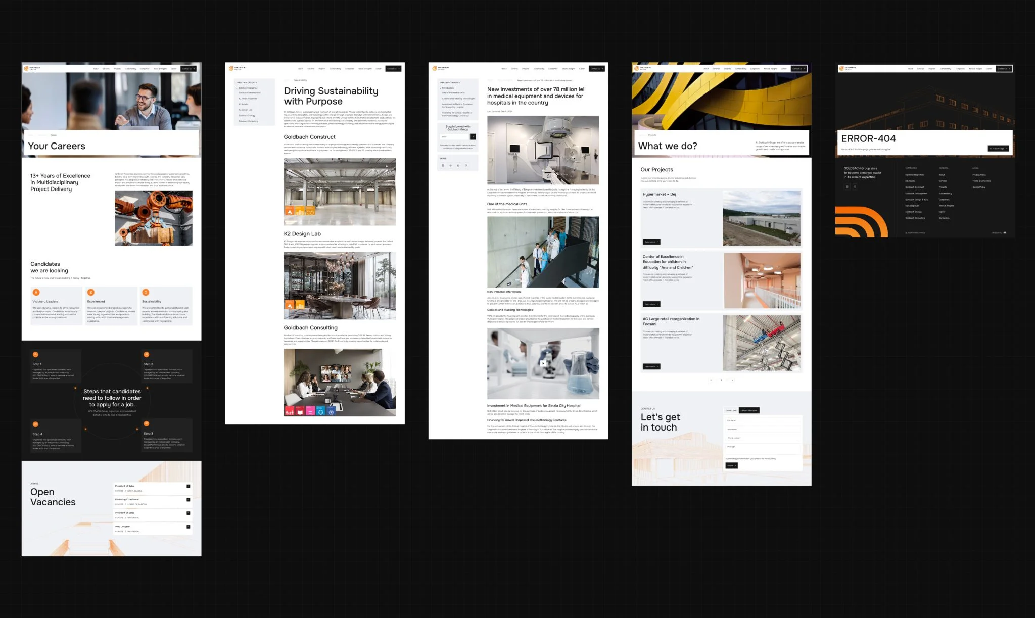 Goldbach Group Website Page Collection Multiple Goldbach Group website pages displayed together, including careers, sustainability, projects, news, and error page designs.