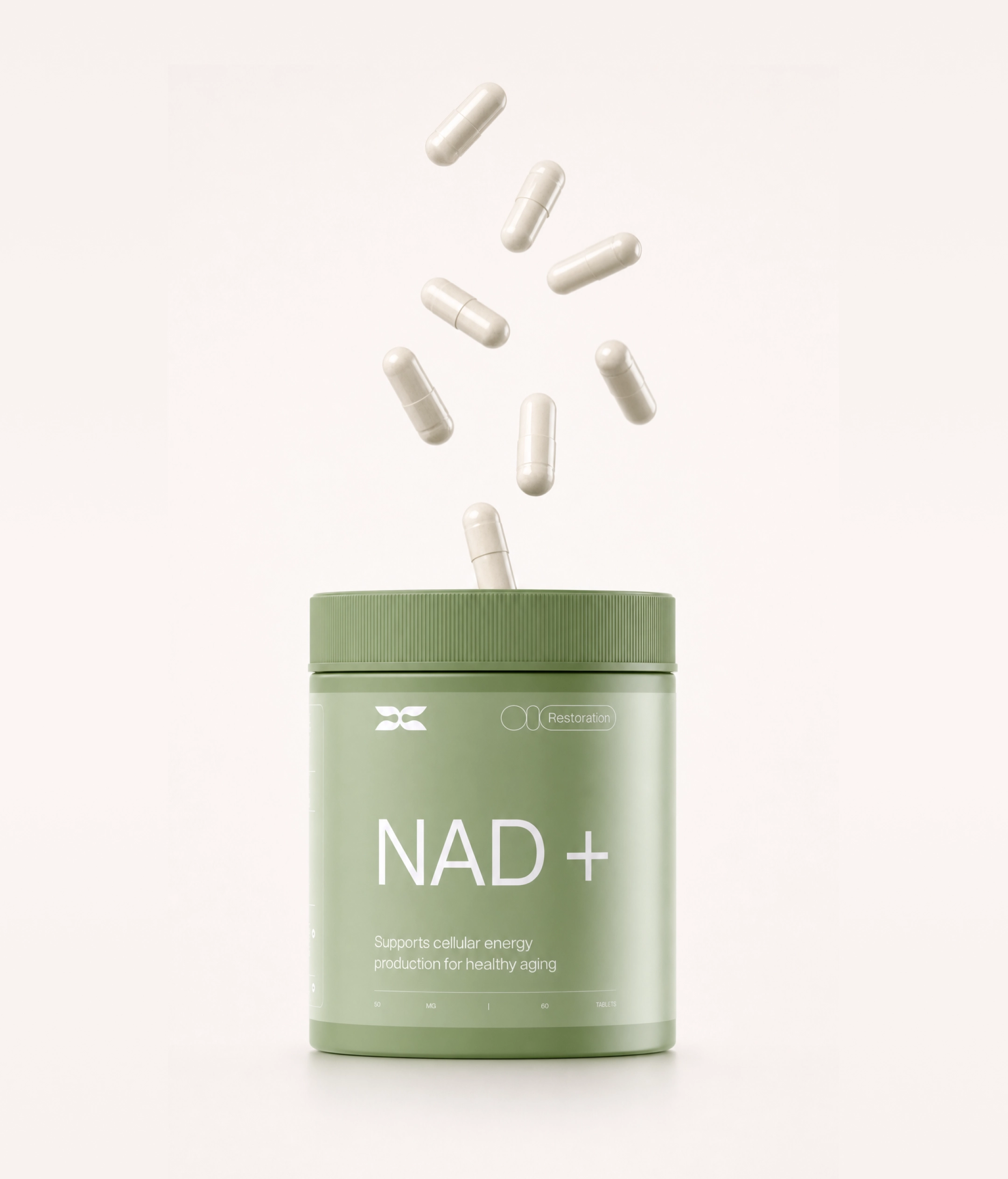 supplement jar with capsules NAD+ supplement jar with capsules floating above the lid