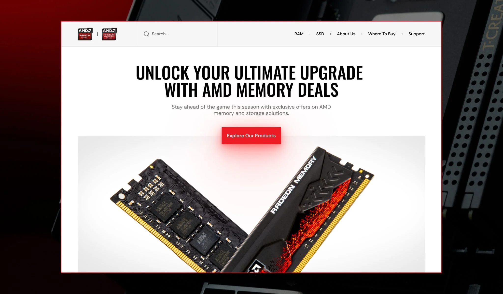 AMD memory and storage catalog homepage with product categories and navigation.
