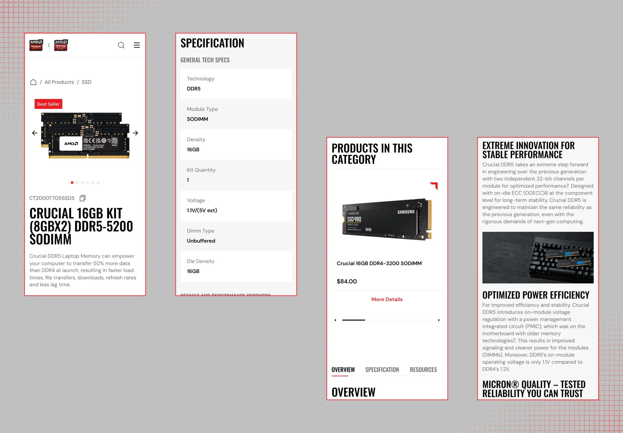 Mobile product details and specifications page
