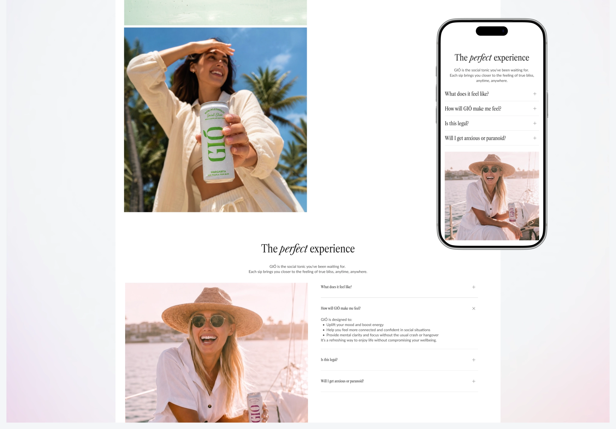 Website Experience Section Alcohol-free drink website layout with product FAQ and mobile experience section