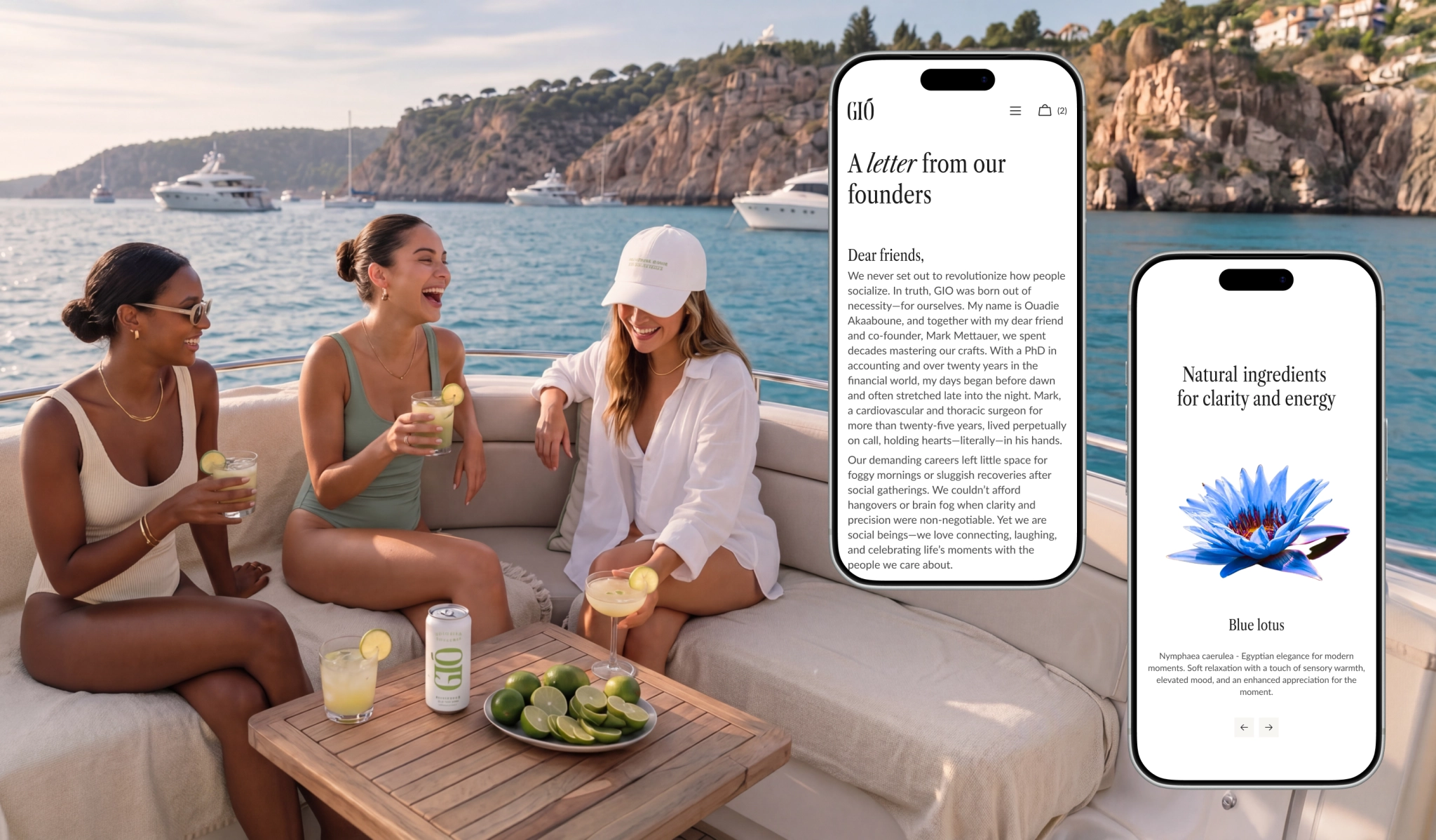 Mobile Website Design with Founder Story and Ingredients Section GIO mobile website design shown over a lifestyle yacht scene, featuring a founder letter page, natural ingredients section, and non-alcoholic wellness beverage branding