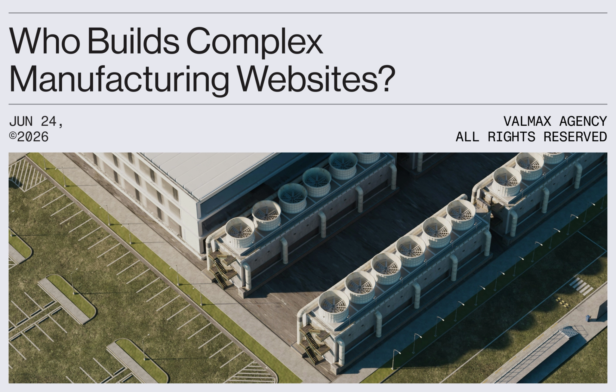 Complex manufacturing website design article cover with industrial facility