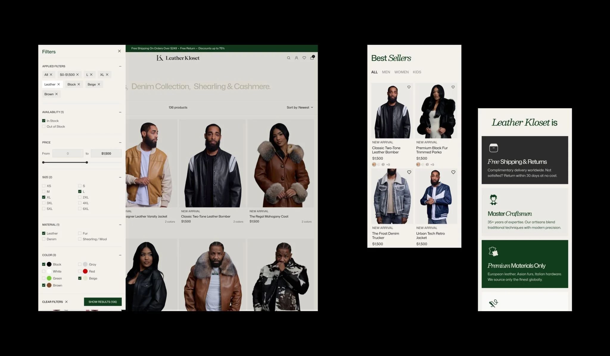 Product Filtering and Best Sellers Experience catalog interface with advanced product filters, best sellers, and brand benefits