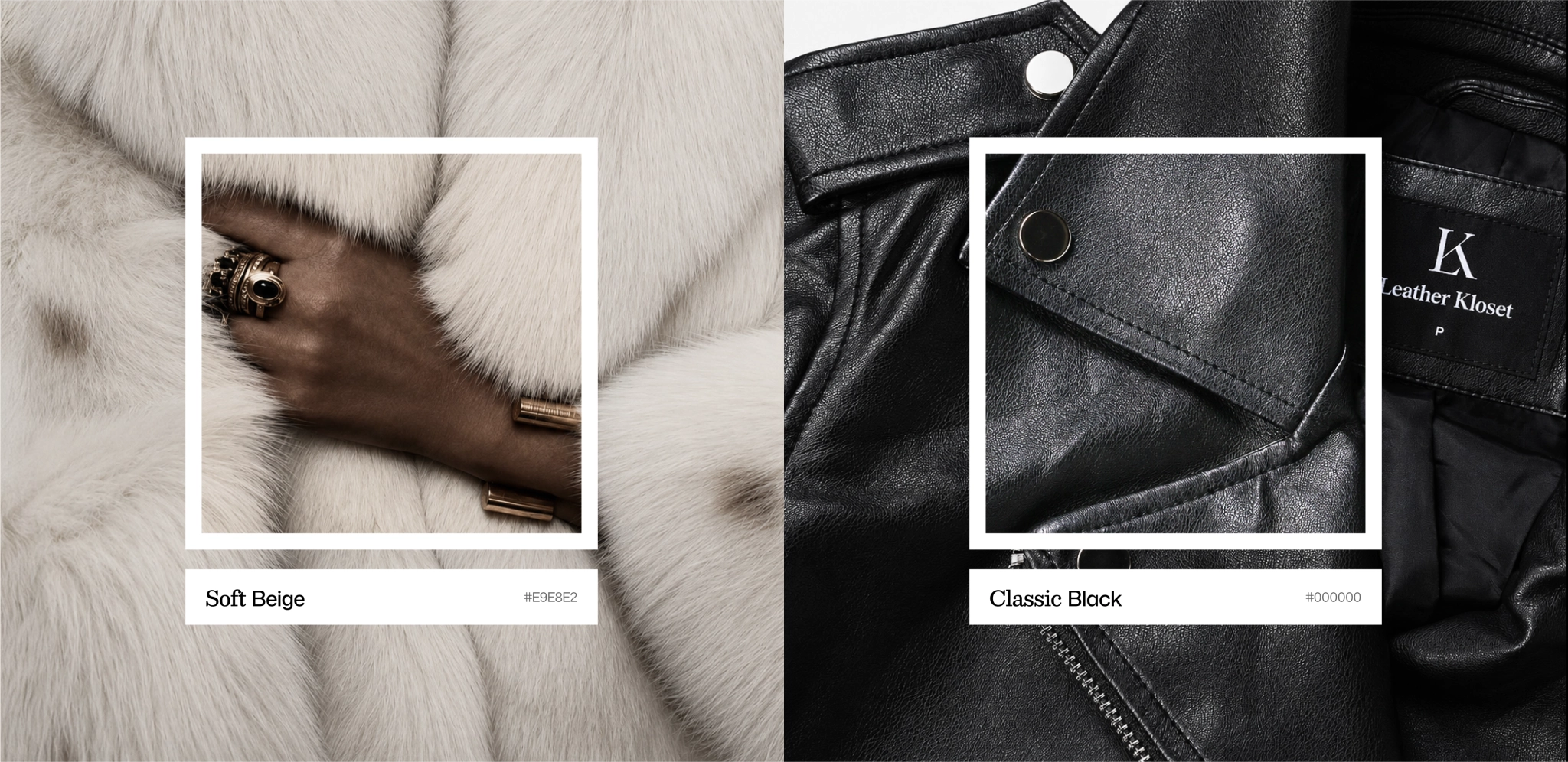 Soft Beige and Classic Black Brand Colors color palette featuring Soft Beige and Classic Black across fur and leather textures
