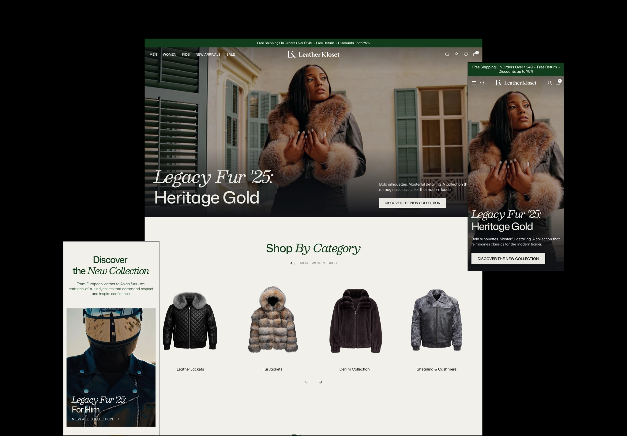 E-commerce Homepage Design e-commerce homepage featuring the Legacy Fur ’25 collection and outerwear categories