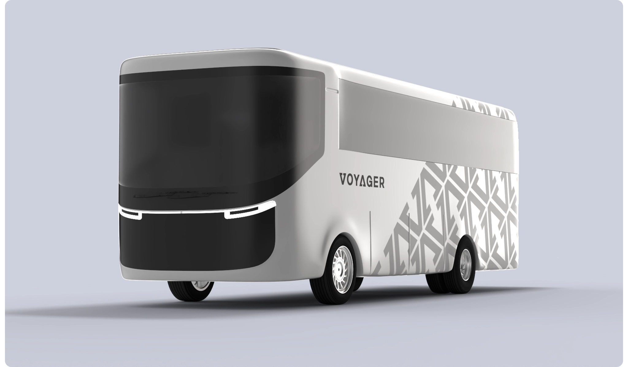 3D render of a futuristic Voyager charter bus with a minimalist white and black exterior