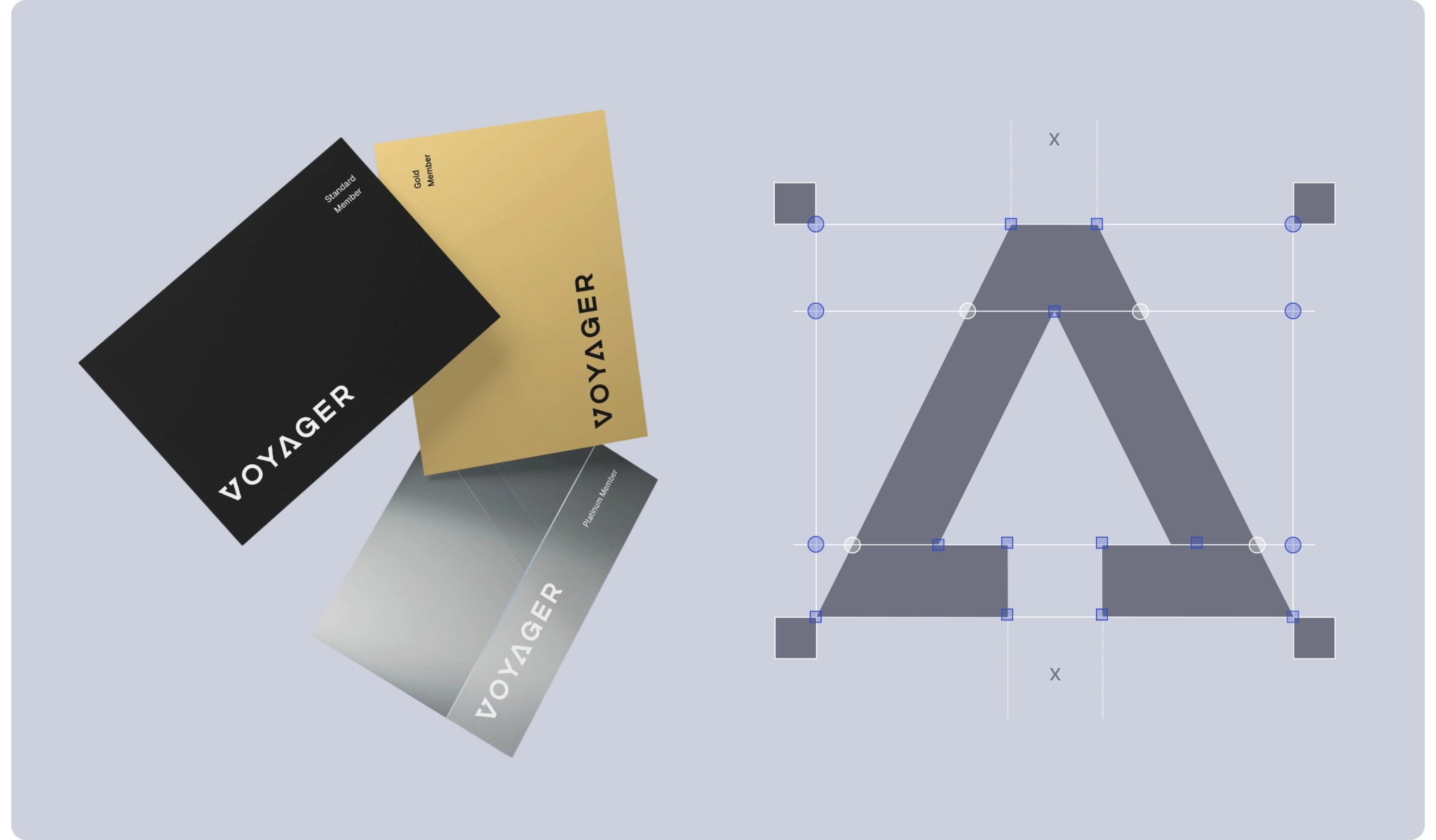 membership cards shown beside the geometric construction of the custom A-shaped logo symbol