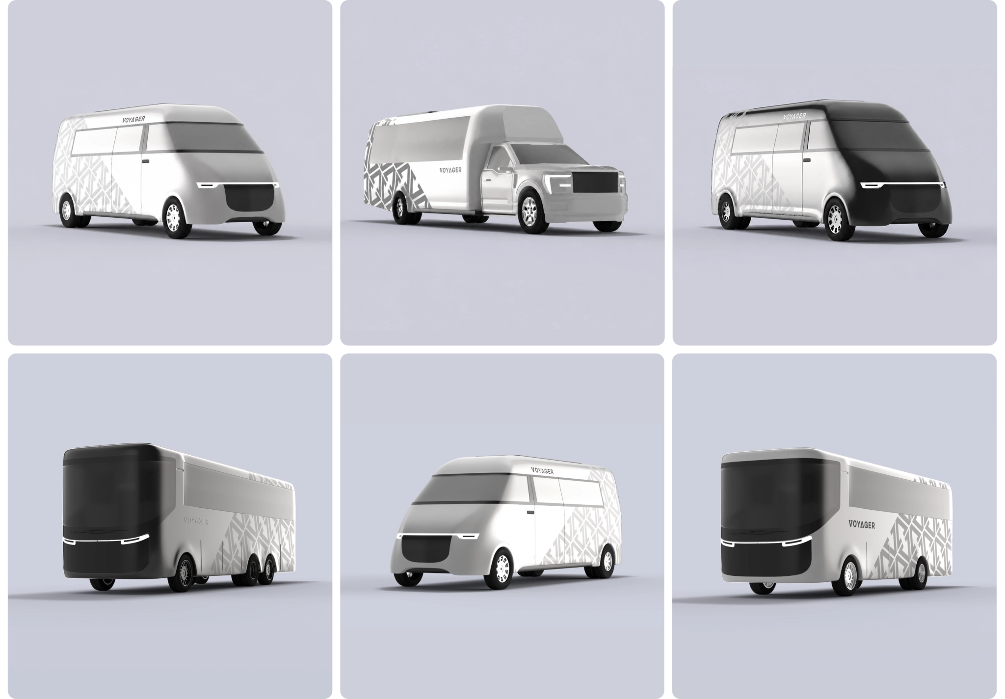 3D models of Voyager buses and shuttles featuring the brand’s geometric pattern