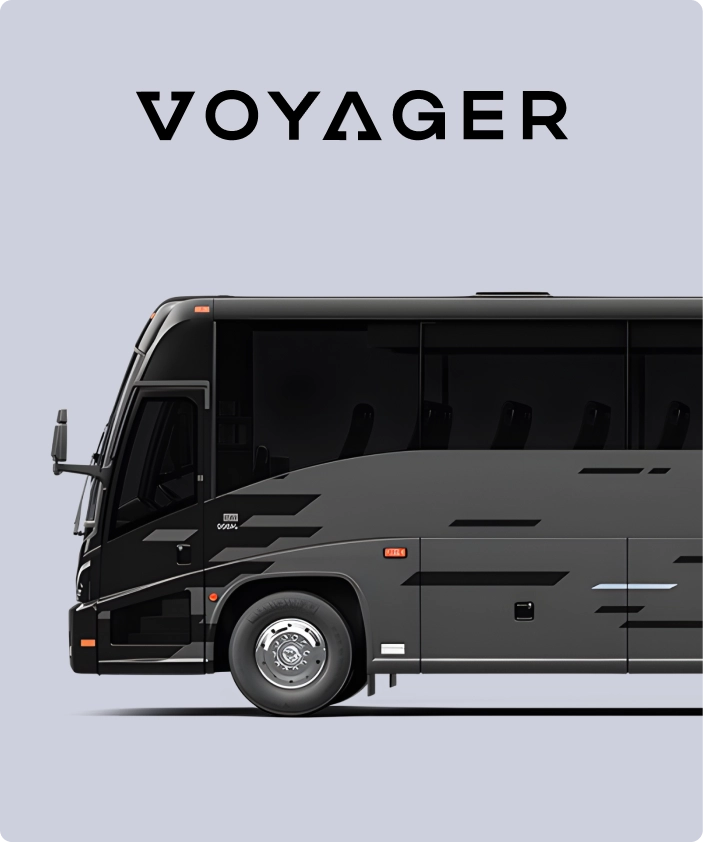 Voyager logo displayed above a black branded charter bus