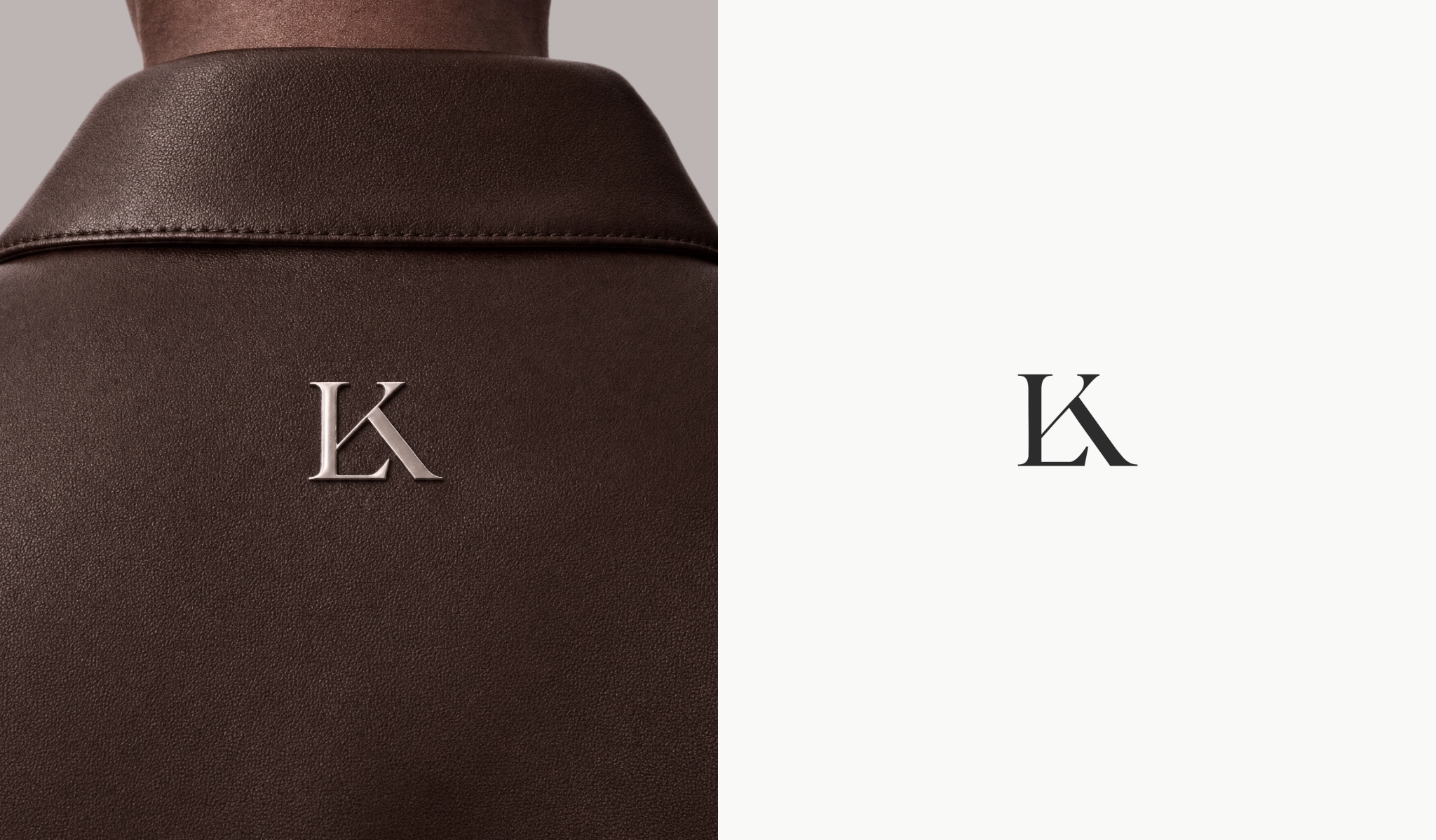 Monogram and Leather Brand Application LK monogram shown as a metal detail on brown leather and as a standalone logo