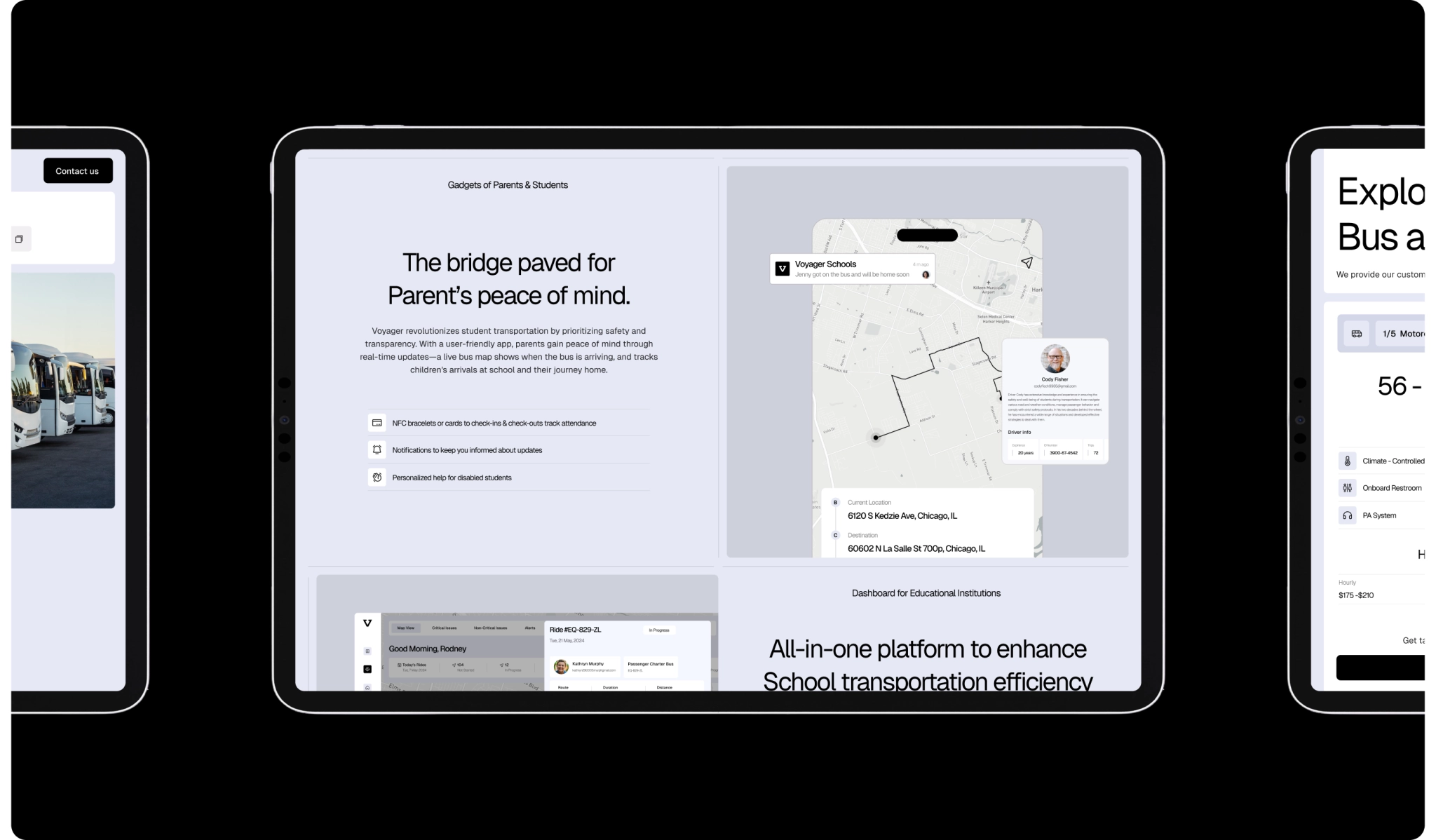 School platform interface showing real-time bus tracking, parent notifications, student check-ins, and an educational dashboard