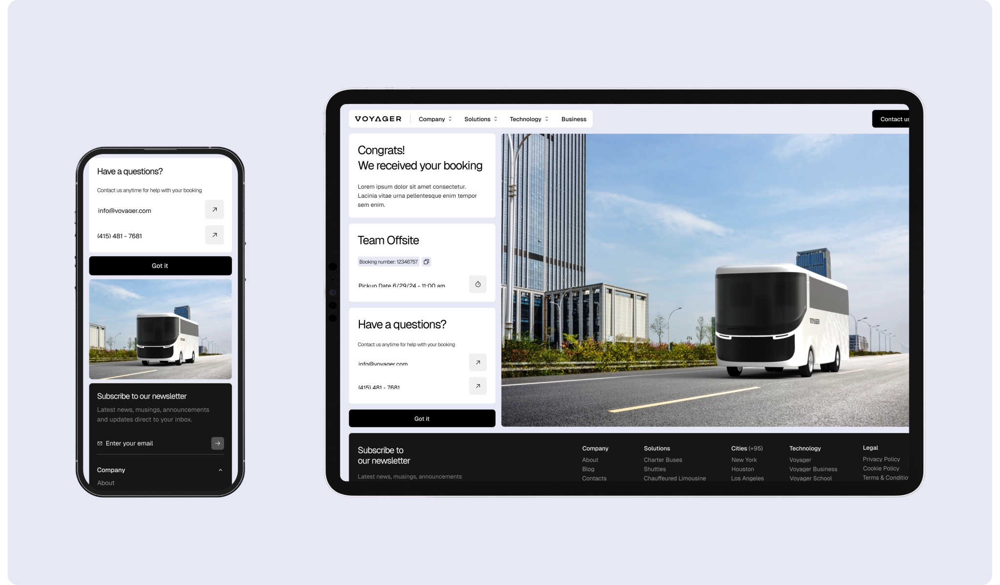 booking confirmation page displayed on tablet and mobile screens with trip details, customer support, and a charter bus image