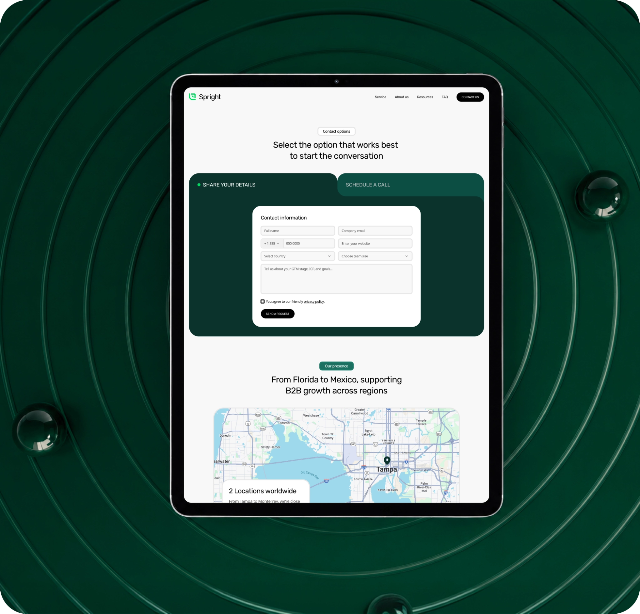 Contact Page and Responsive Web Design contact page displayed on a tablet with a custom inquiry form, location map, and responsive B2B website design