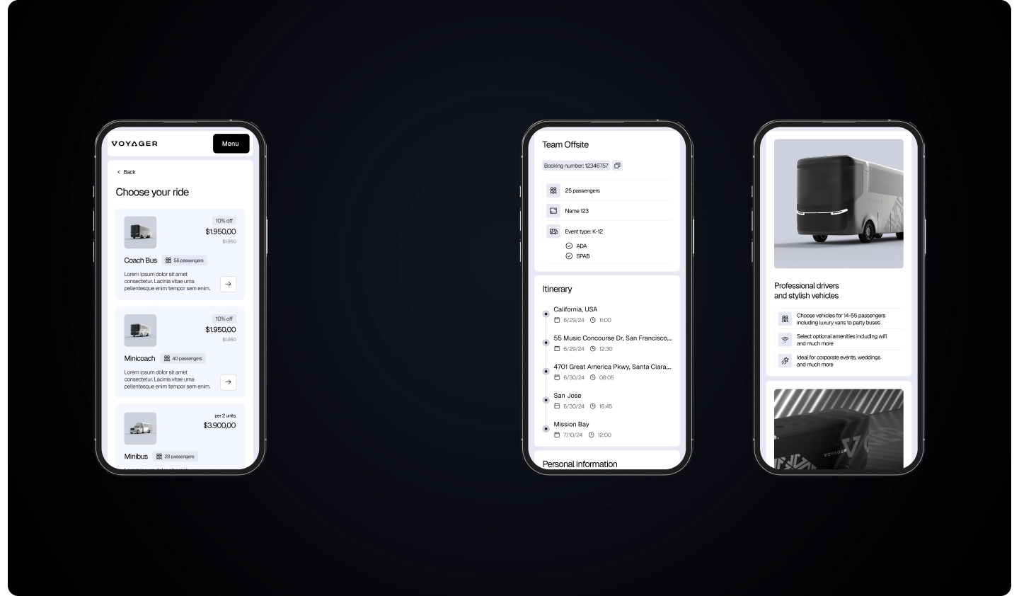 mobile interfaces showing vehicle selection, trip itinerary, and charter bus service details