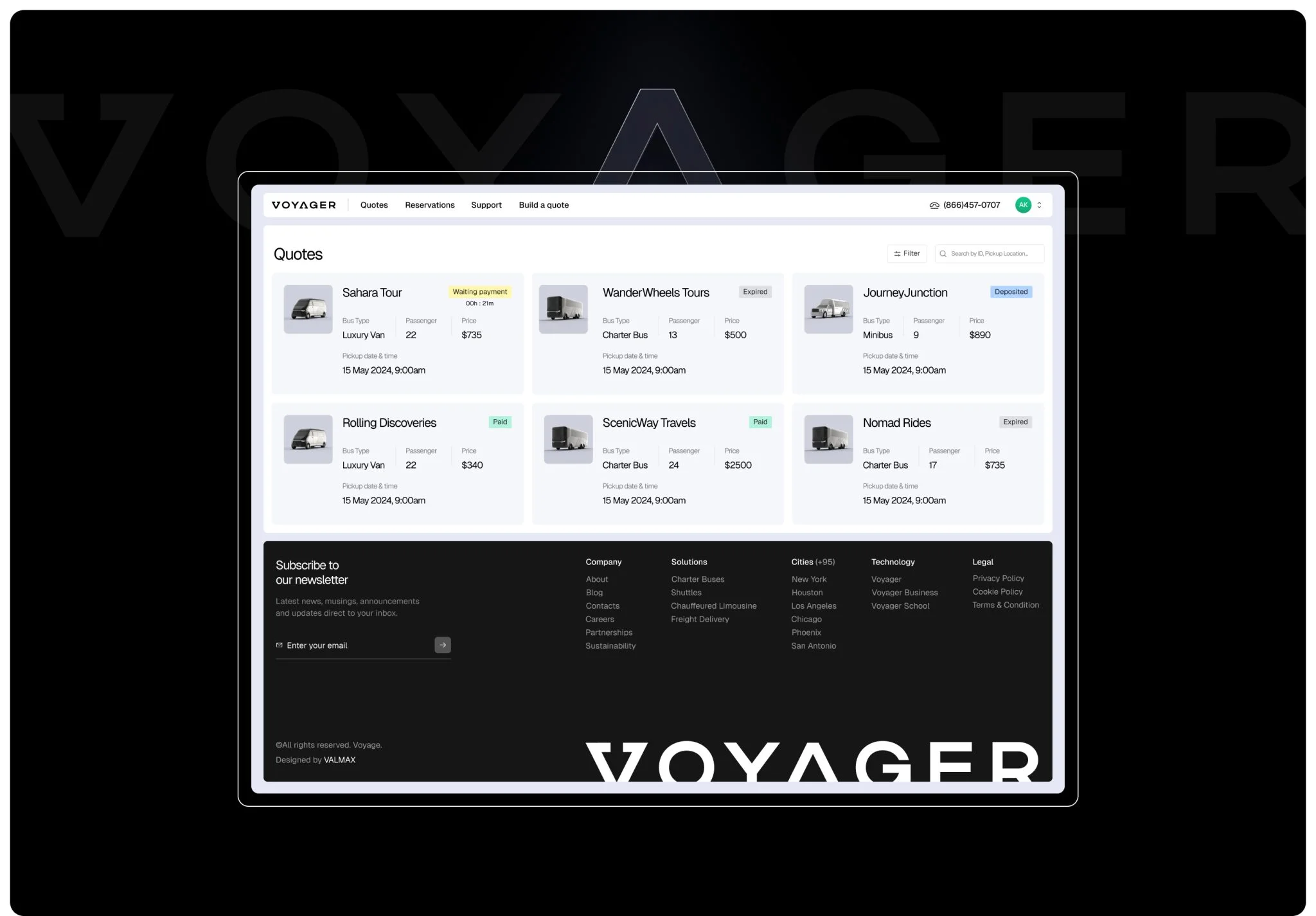 web dashboard displaying charter bus quotes, vehicle types, passenger counts, prices, and payment statuses