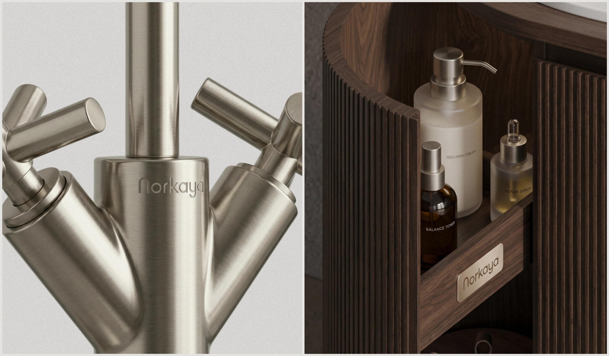 Premium Bathroom Fixtures and Vanity Details Close-up of Norkaya brushed metal faucet and luxury wooden bathroom vanity storage