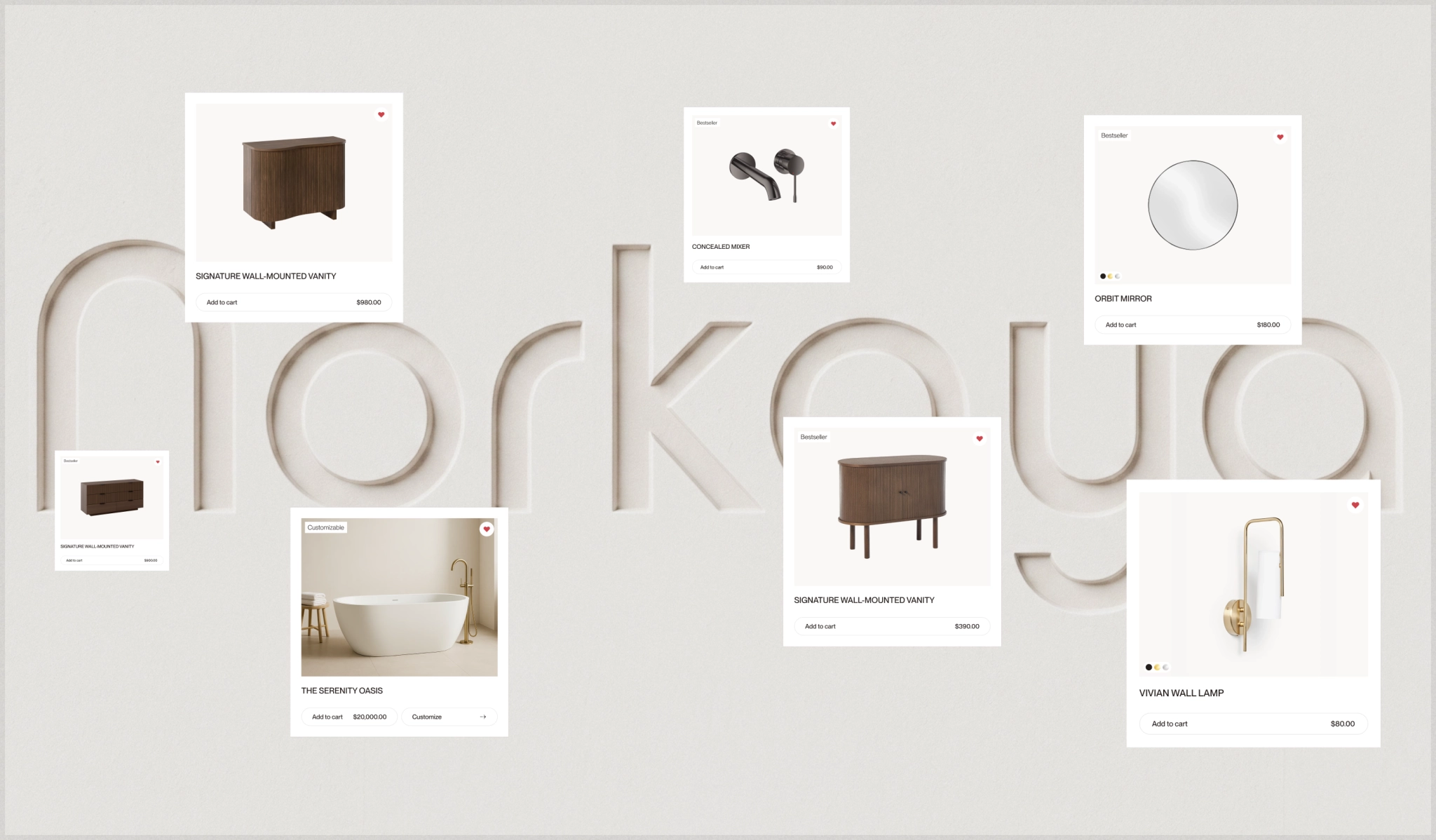 Luxury Bathroom Product Collection Design luxury bathroom product cards featuring vanities, a bathtub, faucet, mirror, and wall lamp