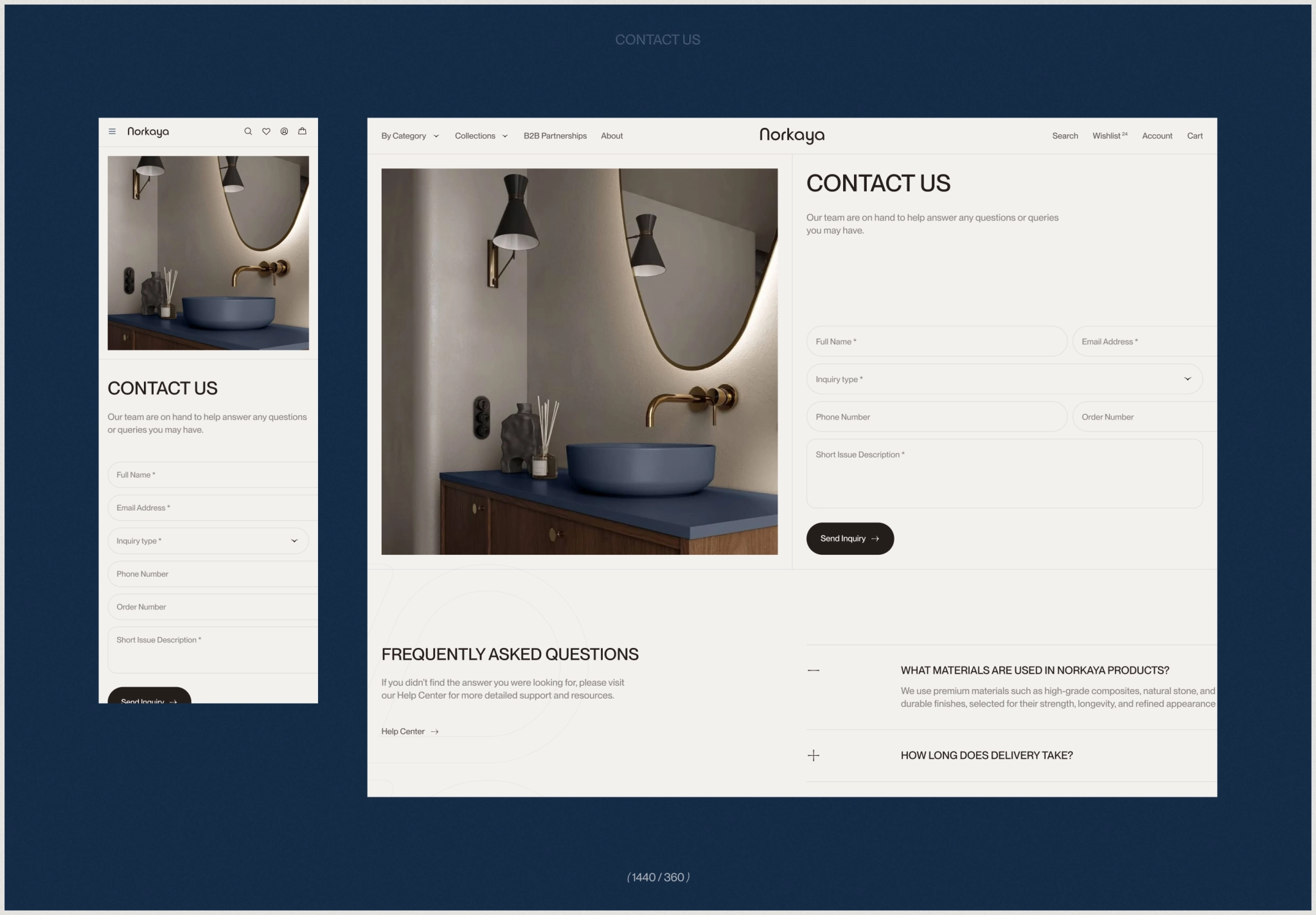 Contact Page and Customer Support Design Norkaya responsive contact page with inquiry form and frequently asked questions
