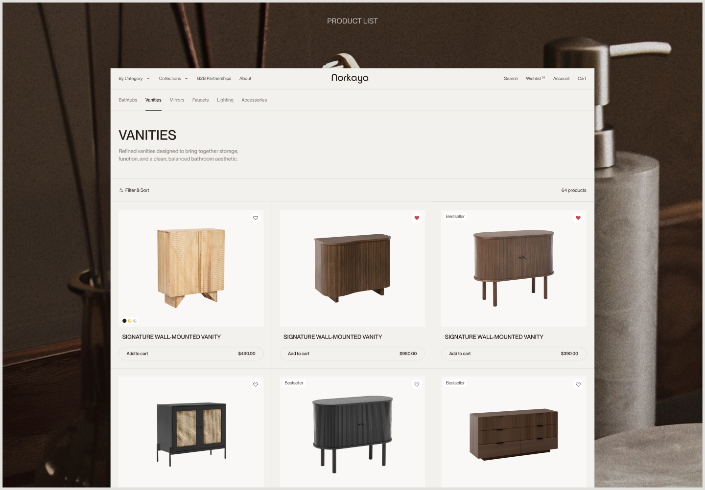 Product Catalog Design product listing page featuring luxury bathroom vanities with filters, prices, and wishlist options