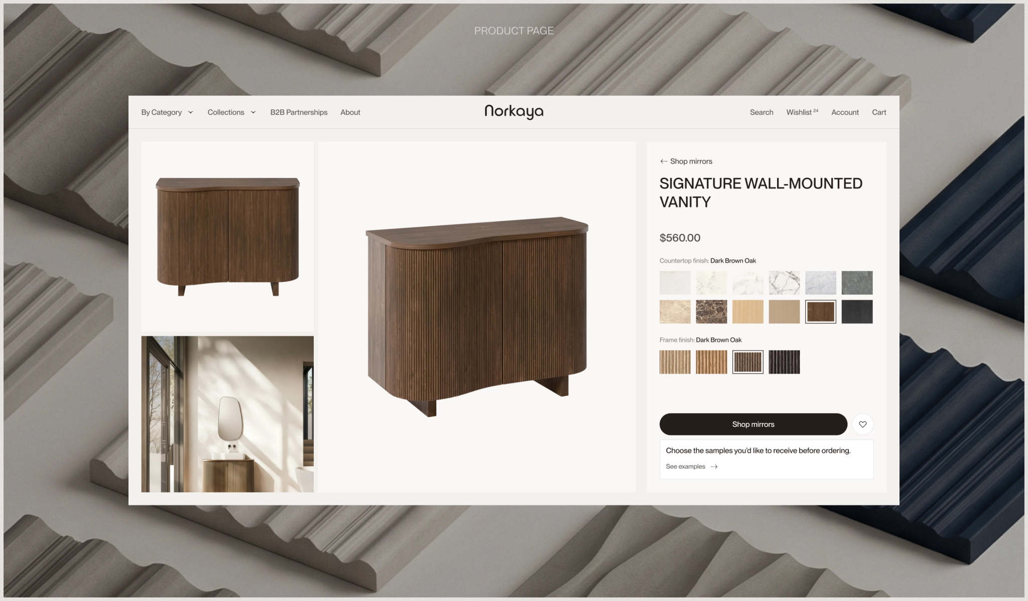 Custom Bathroom Vanity Product Page Design Norkaya product page for a customizable wall-mounted bathroom vanity with finish options