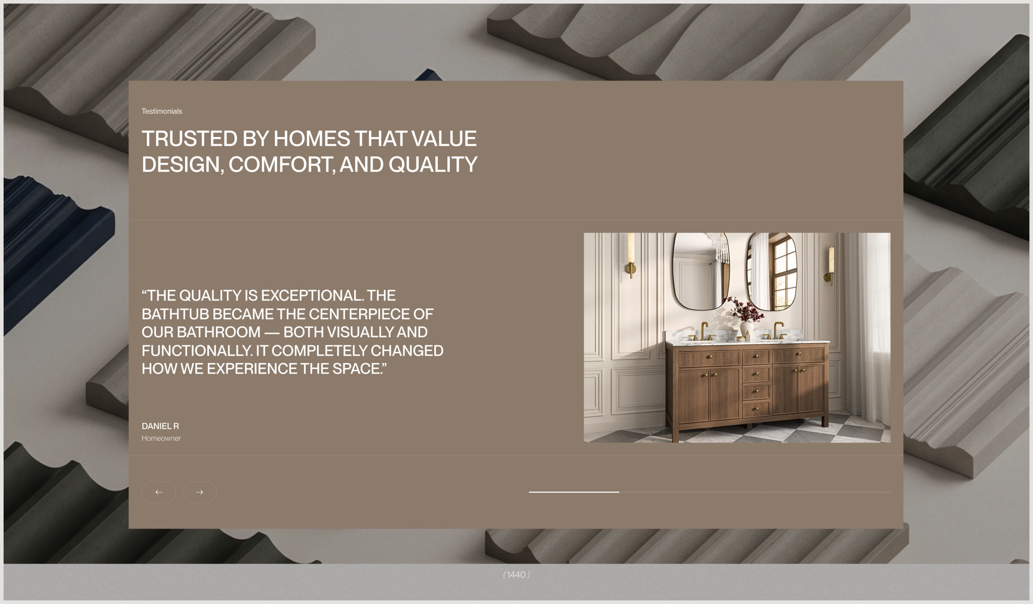 Customer Testimonials Design customer testimonial section featuring a luxury wooden bathroom vanity