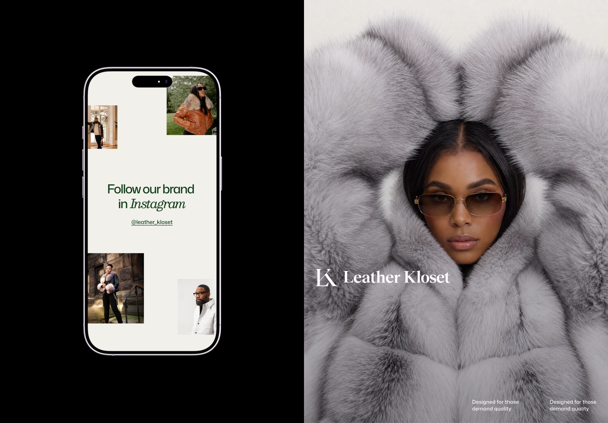 Social Media and Fashion Campaign Design Instagram promotion displayed on mobile alongside premium fur campaign imagery