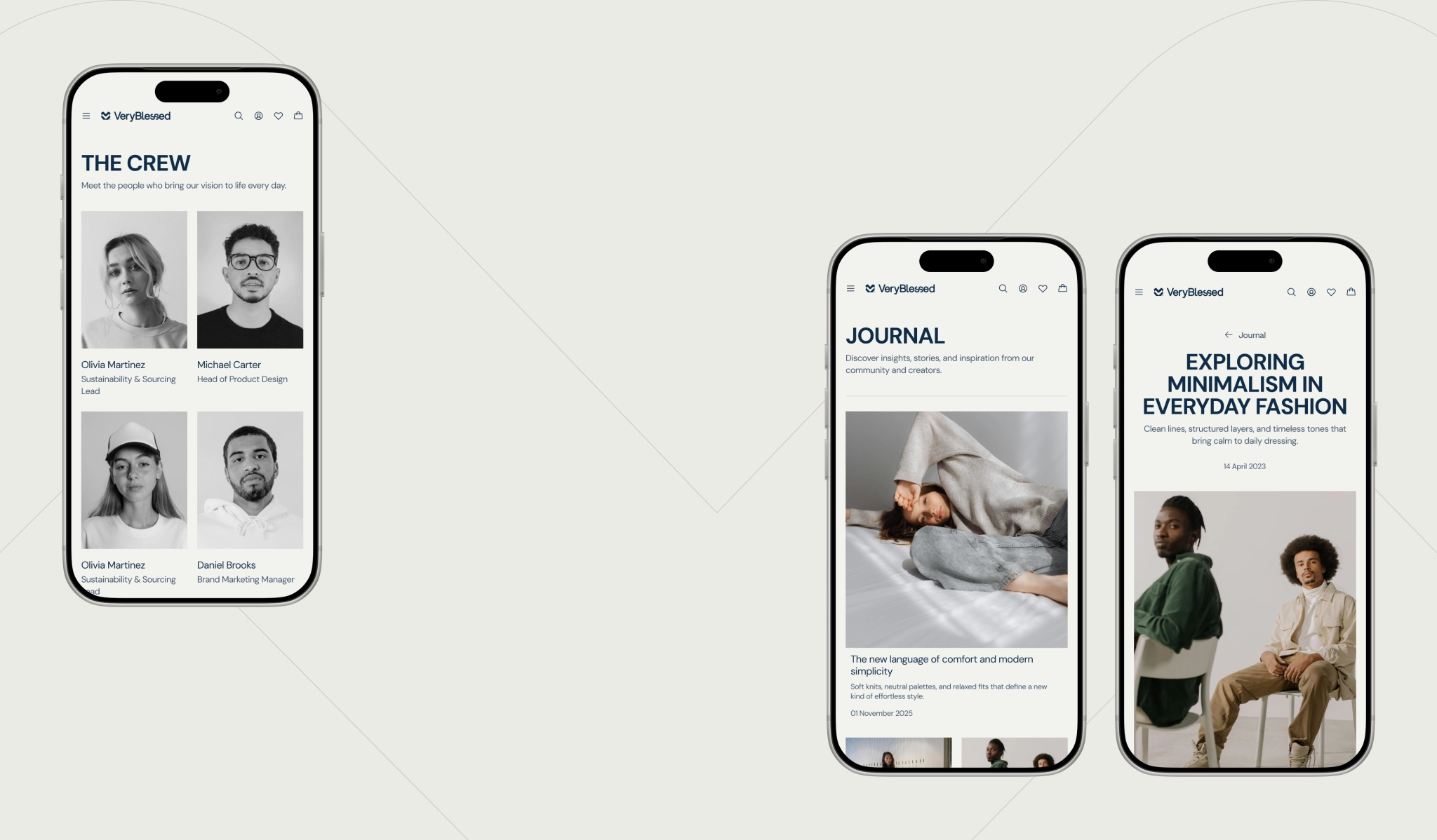 mobile website screens featuring the brand team, fashion journal, and editorial article pages