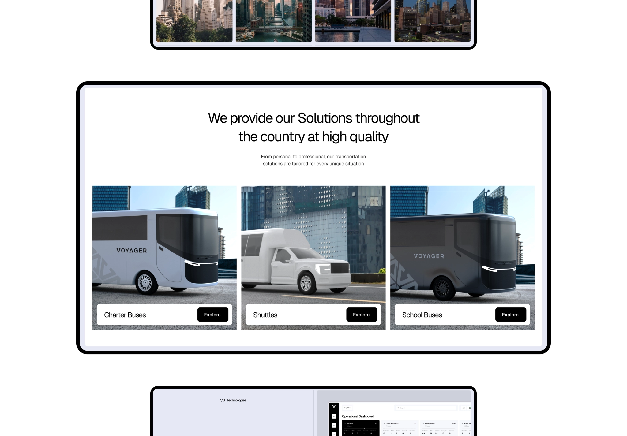 website section presenting charter buses, shuttles, and school bus transportation services