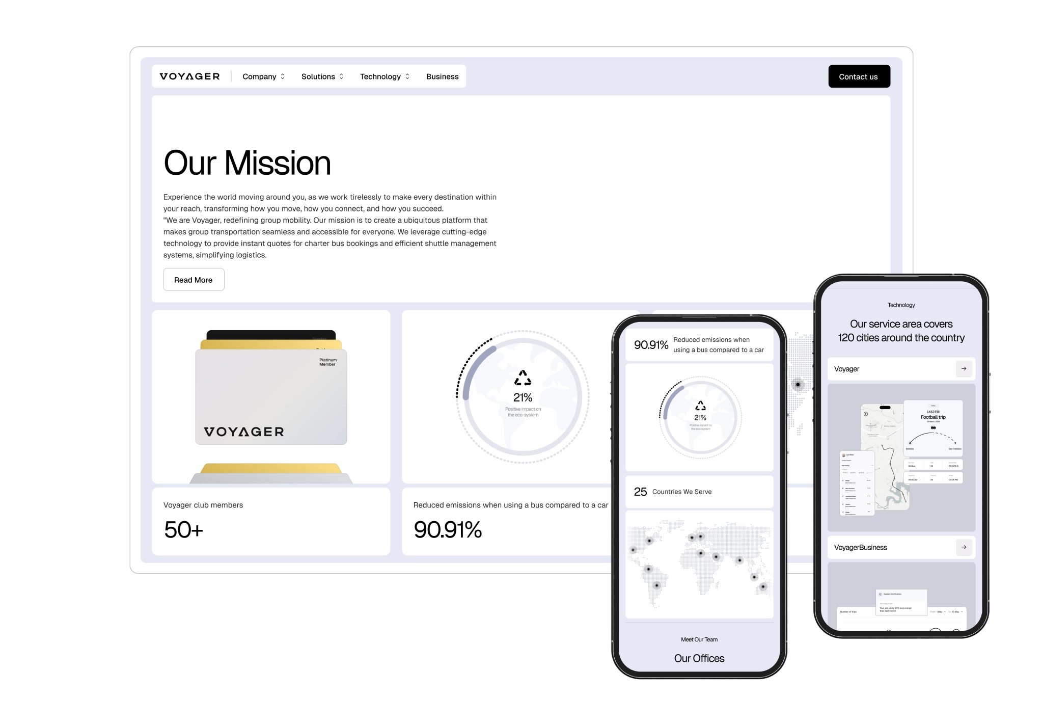 mission page shown across desktop and mobile screens with membership, sustainability, and service coverage content