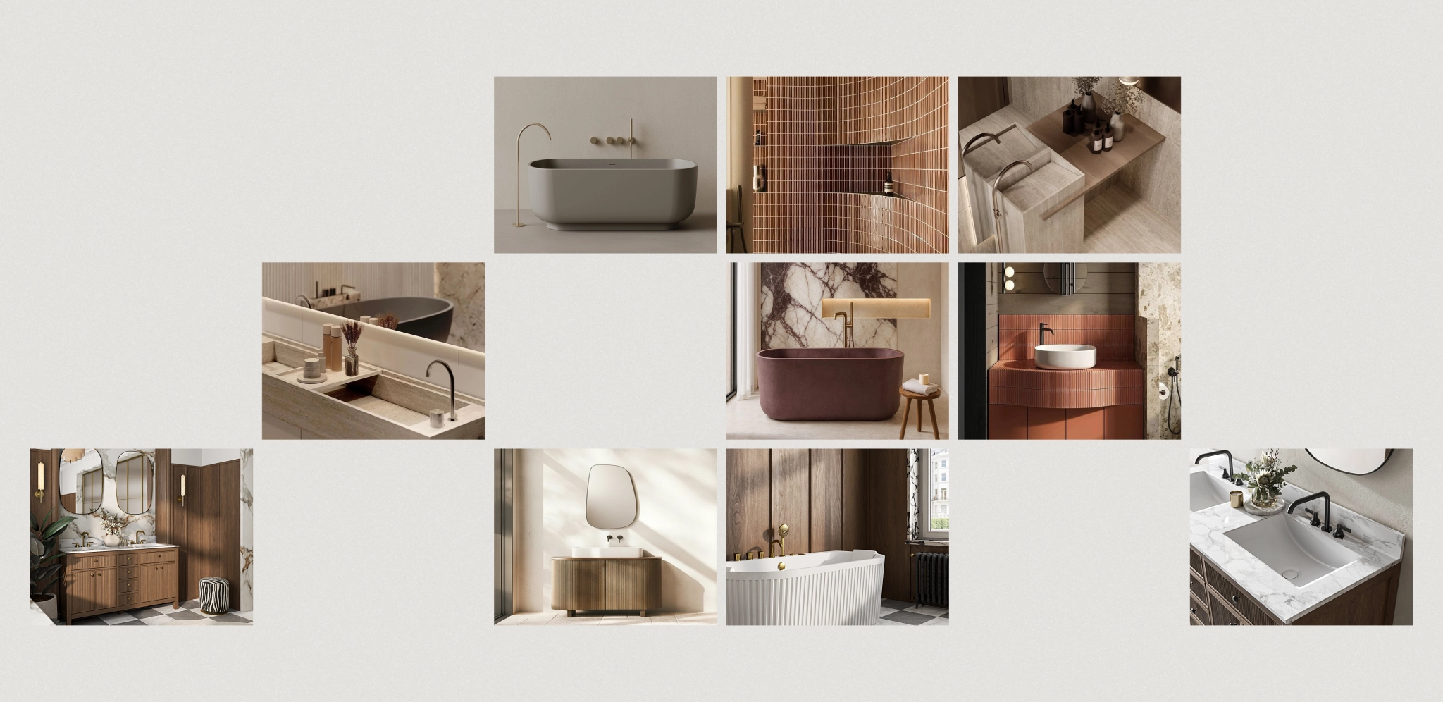Luxury Bathroom Design Inspiration and Product Visuals bathroom mood board with custom bathtubs, vanities, sinks, and premium interior details