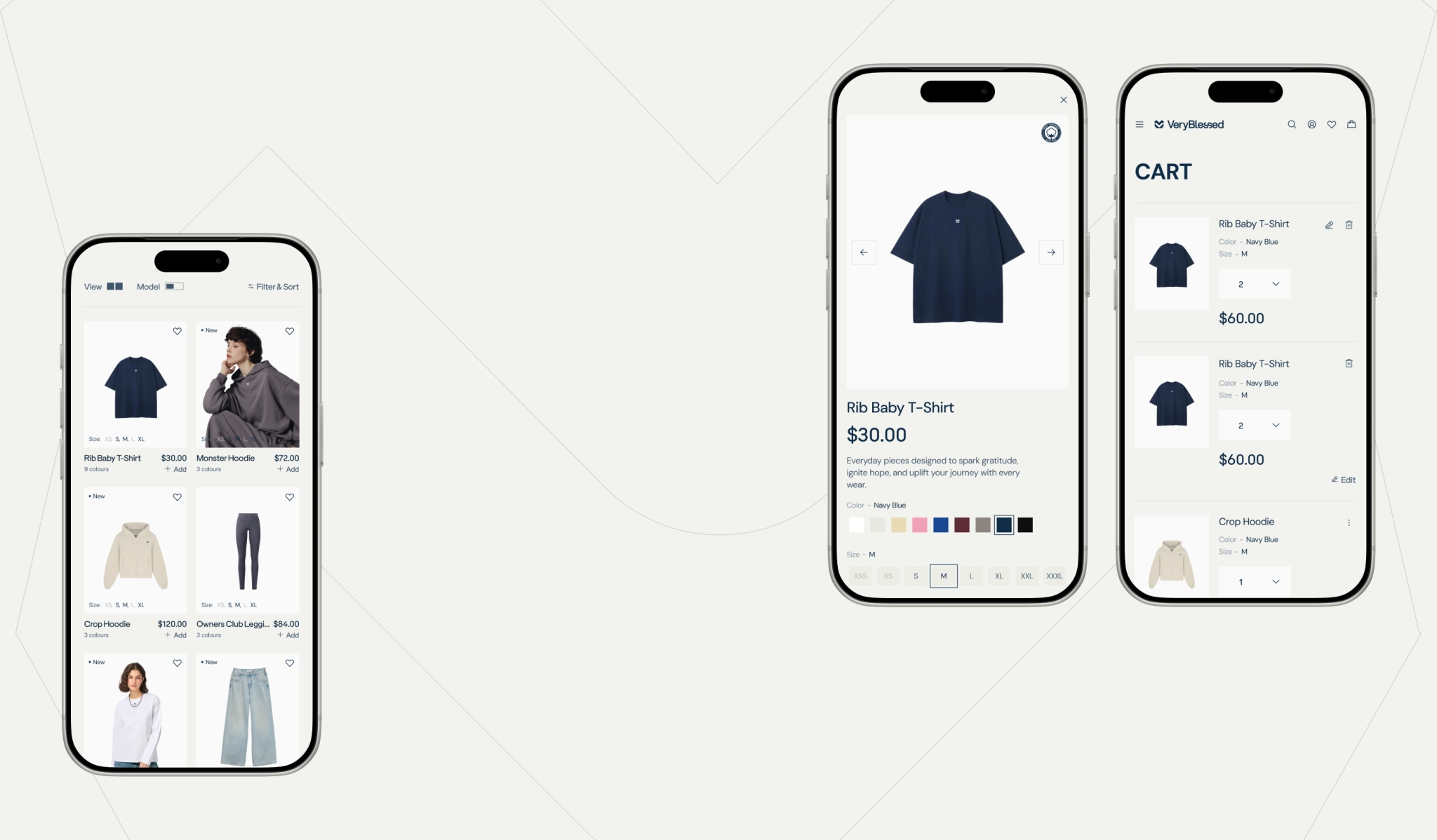 VeryBlessed responsive mobile store interface showing the product catalog, T-shirt product page, and shopping cart.
