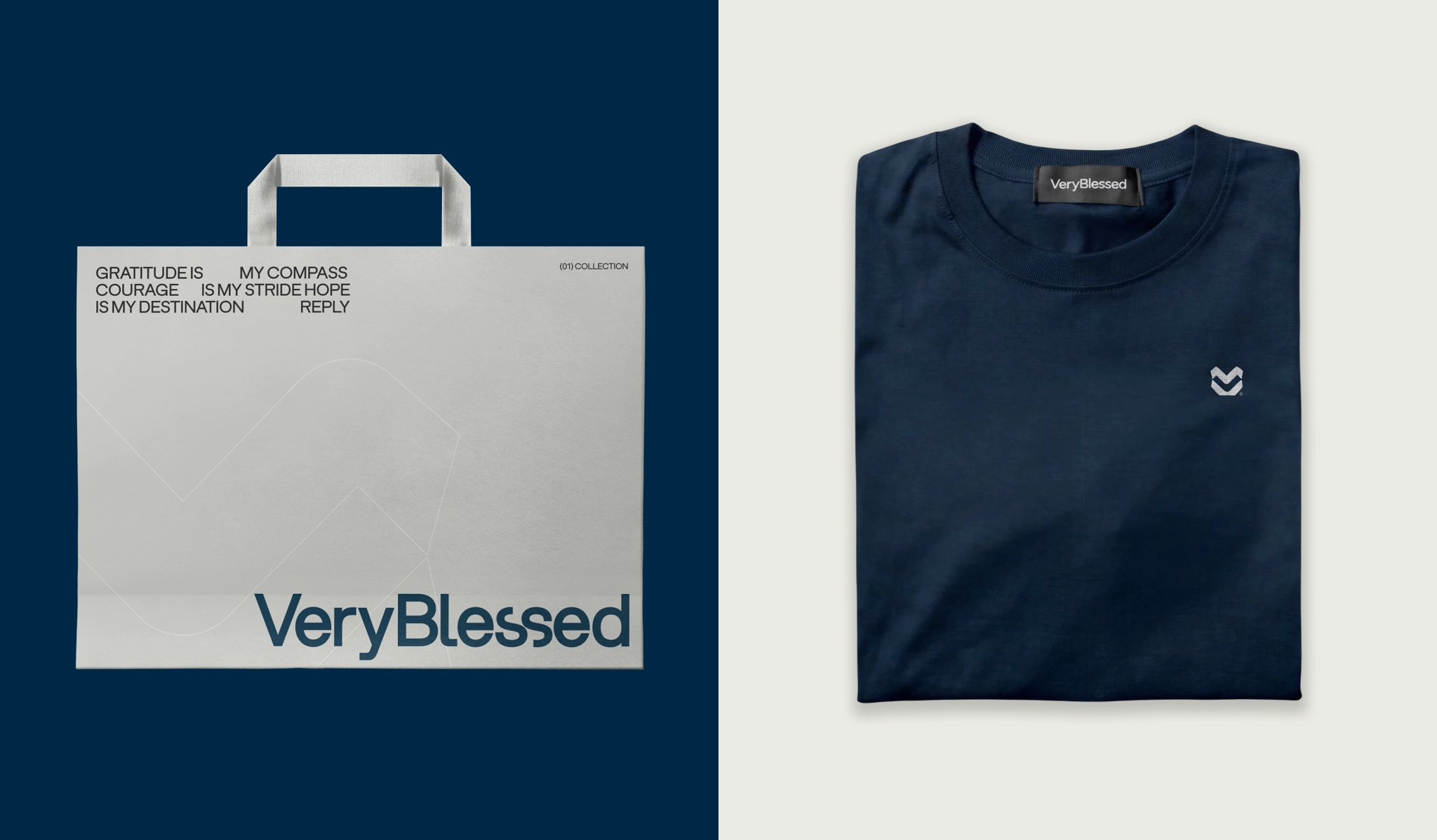 branded shopping bag and folded navy T-shirt featuring the embroidered logo