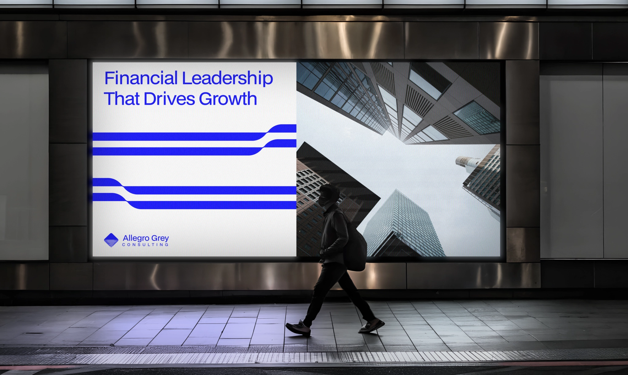 Allegro Grey Consulting outdoor advertising featuring financial consulting brand identity