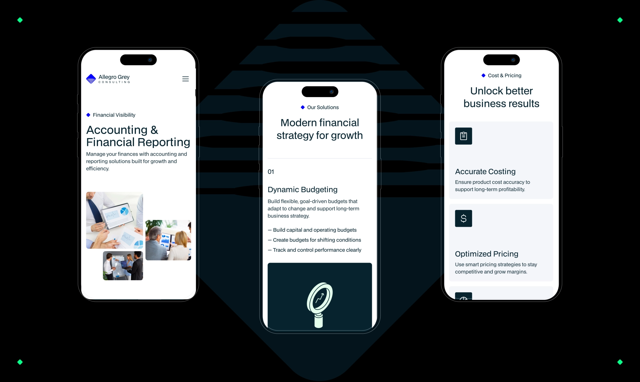 mobile website screens for accounting, budgeting, and pricing services